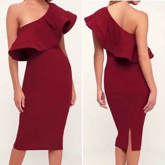 Lulus Dresses & Skirts - Lulu’s one shoulder midi bodycon holiday burgundy cocktail dress NWT medium